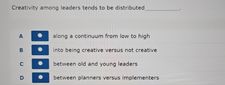 Solved Creativity among leaders tends to be distributedA | Chegg.com