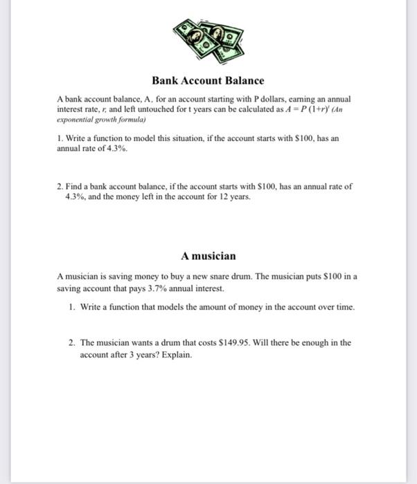 Solved Bank Account Balance A bank account balance, A, for | Chegg.com