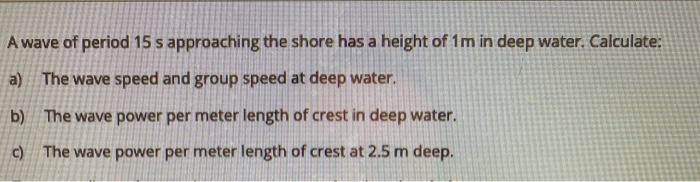 Solved A wave of period 15 s approaching the shore has a | Chegg.com