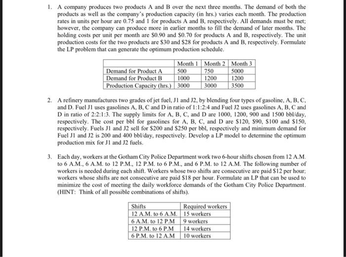 Solved 1. A Company Produces Two Products A And B Over The | Chegg.com