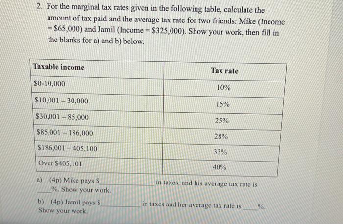 2. For the marginal tax rates given in the following table, calculate the amount of tax paid and the average tax rate for two