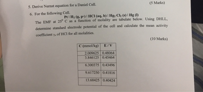 5. Derive Nernst equation for a Daniel Cell. (5 | Chegg.com
