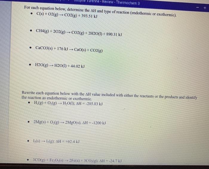 Solved Turenne Review Thermochem 3 For each equation