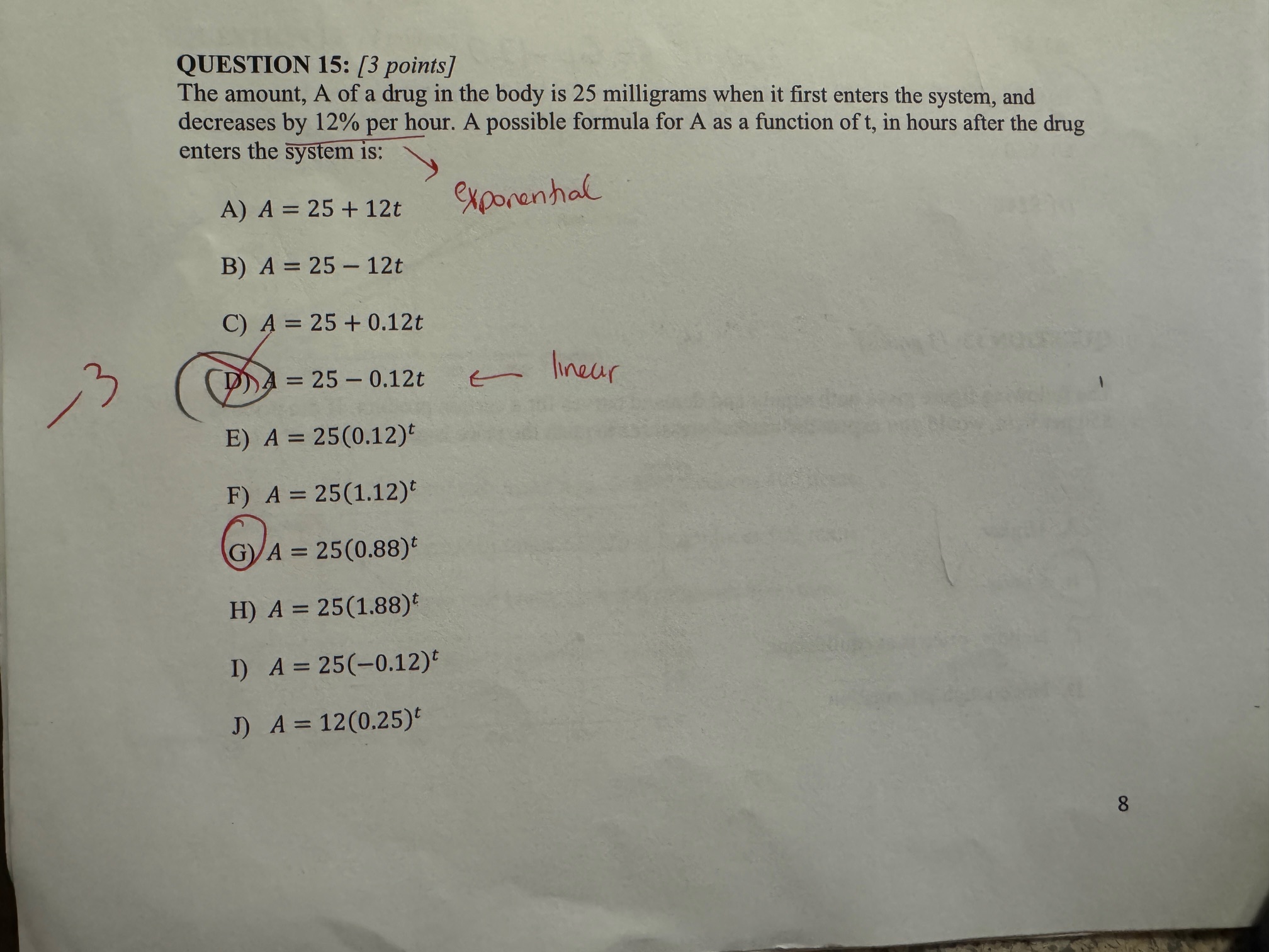 Solved QUESTION 15: [3 ﻿points]The amount, A of ﻿a drug in | Chegg.com