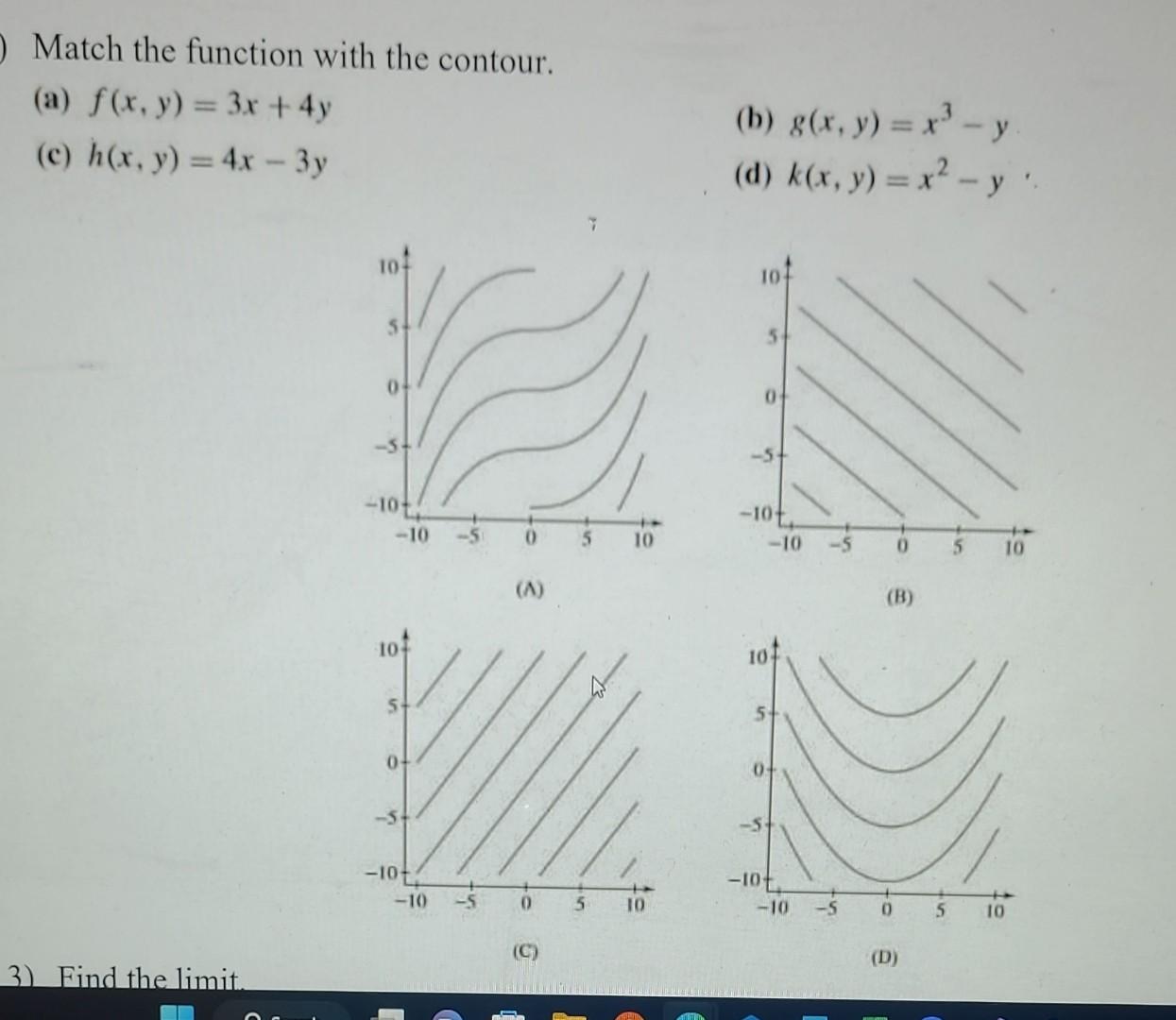 Match the function with the contour. (a) \( f(x, y)=3 x+4 y \) (b) \( g(x, y)=x^{3}-y \) (c) \( h(x, y)=4 x-3 y \) (d) \( k(x