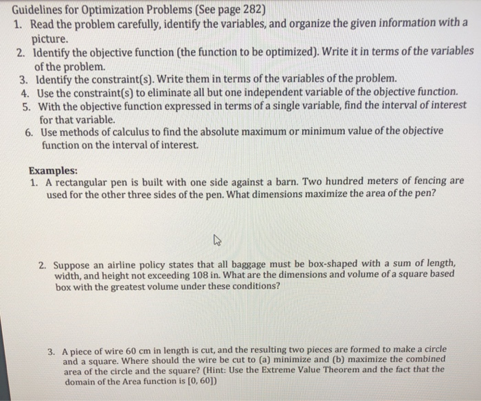 Solved Guidelines for Optimization Problems (See page 282) | Chegg.com