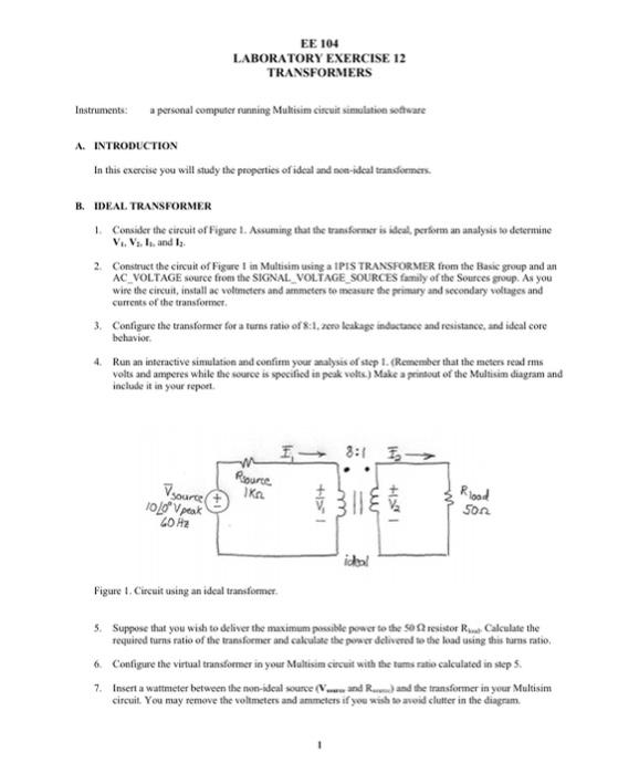 Solved EE 104 LABORATORY EXERCISE 12 TRANSFORMERS | Chegg.com