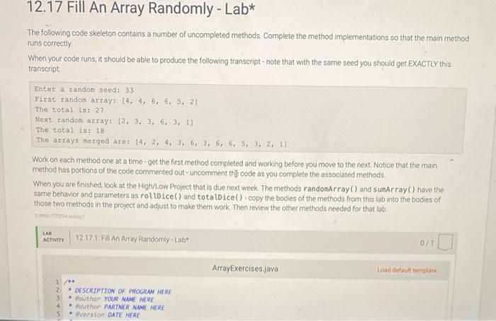 Solved 12.17 Fill An Array Randomly - Lab* The following | Chegg.com