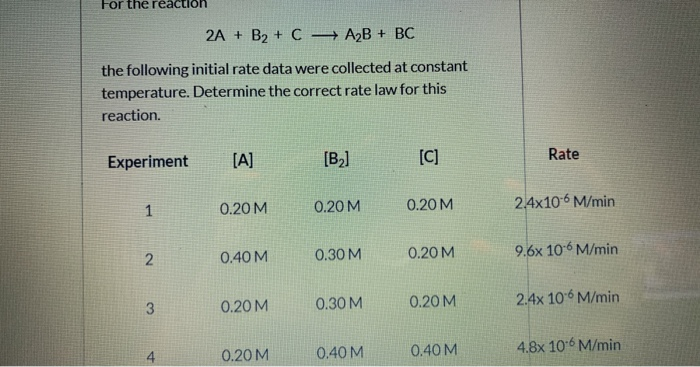 Solved For the reaction 2A + B2+ C AB + BC the following | Chegg.com