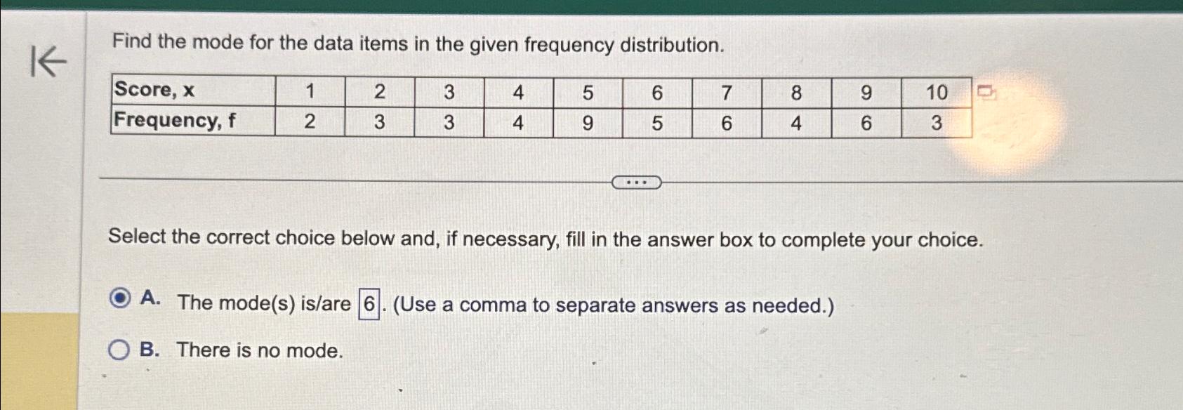 Solved Find the mode for the data items in the given | Chegg.com