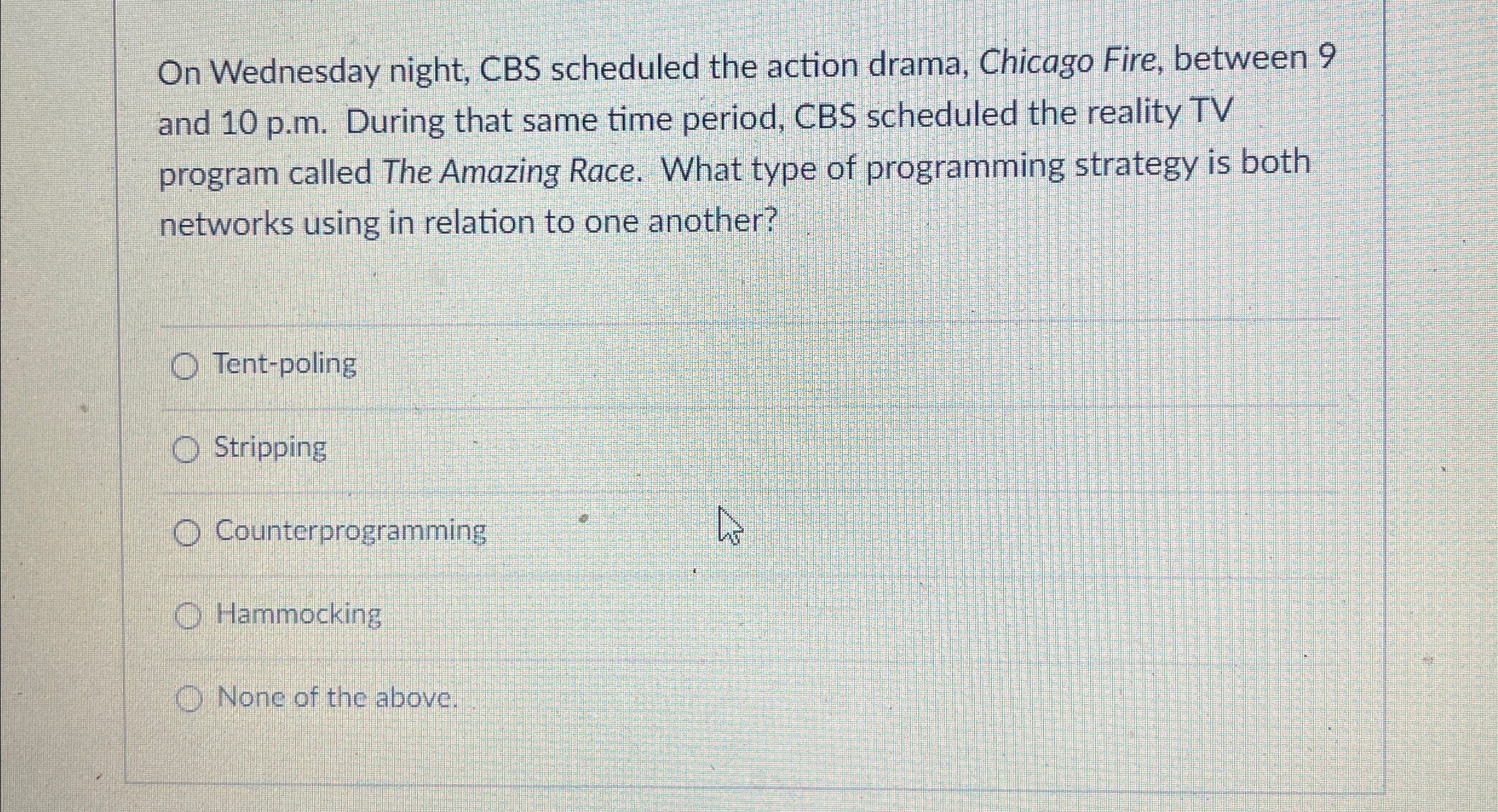 Solved On Wednesday night, CBS scheduled the action drama, | Chegg.com