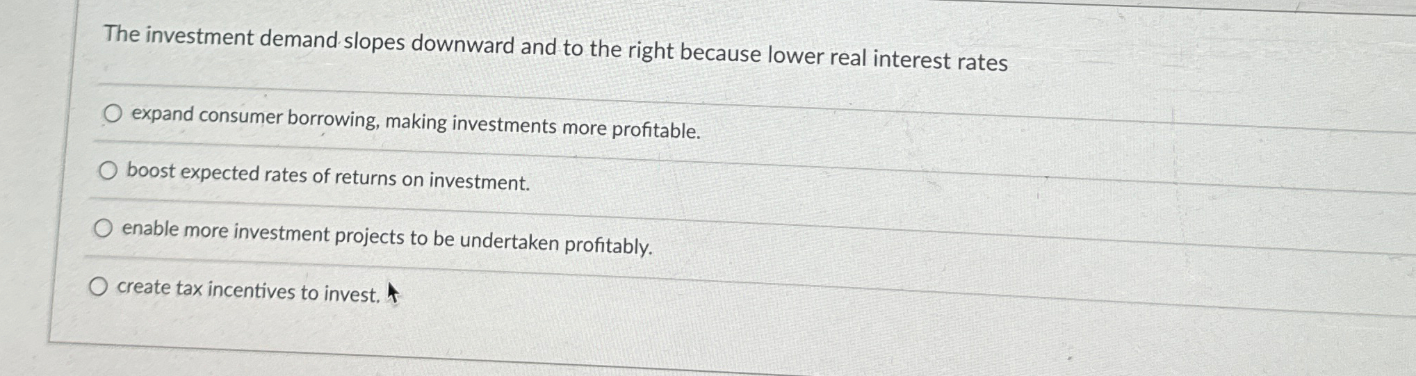 Solved The investment demand slopes downward and to the