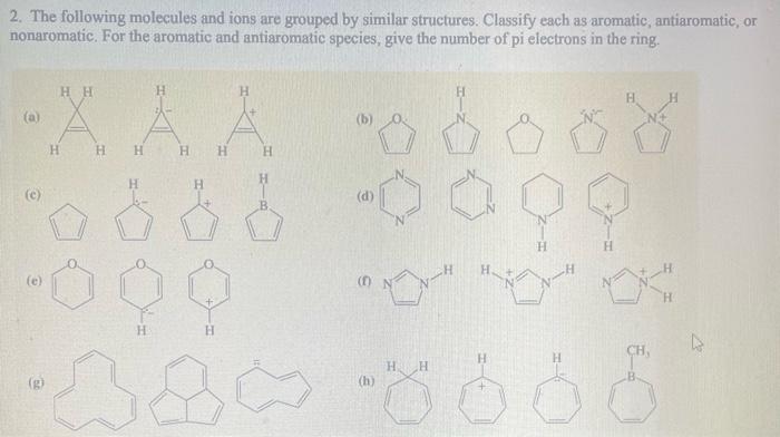 2. The following molecules and ions are grouped by similar structures. Classify each as aromatic, antiaromatic, or nonaromati