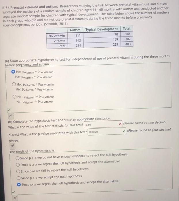 Solved 6.34 Prenatal vitamins and Autism Researchers