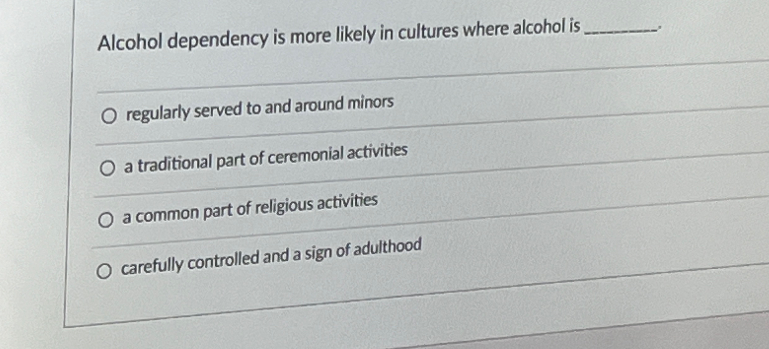 Solved Alcohol dependency is more likely in cultures where | Chegg.com