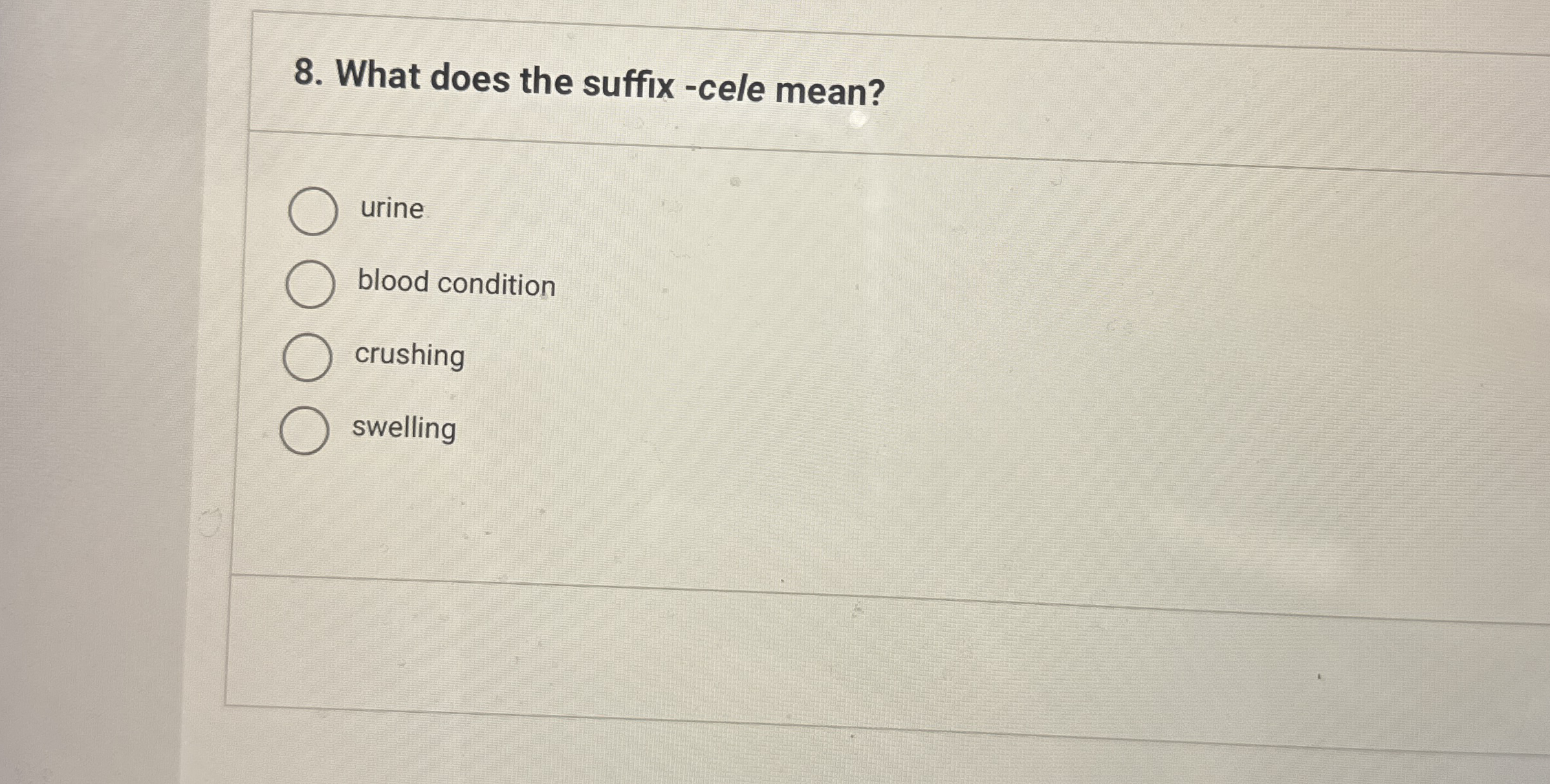Solved What does the suffix cele mean?urineblood