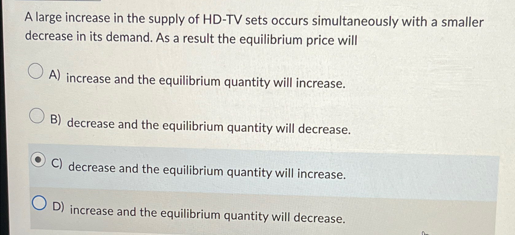 Solved A large increase in the supply of HD-TV sets occurs | Chegg.com