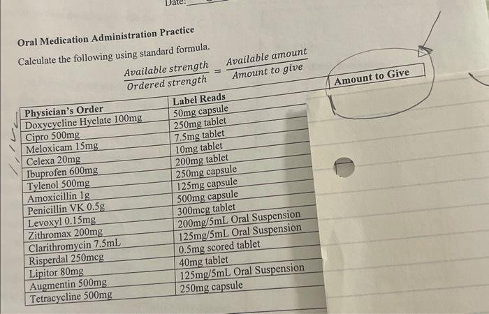 Solved Oral Medication Administration Practice Calculate the | Chegg.com