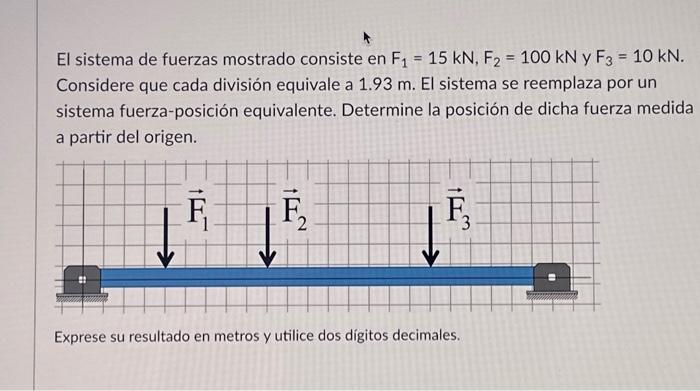 El sistema de fuerzas mostrado consiste en \( F_{1}=15 \mathrm{kN}, F_{2}=100 \mathrm{kN} \) y \( F_{3}=10 \mathrm{kN} \). Co