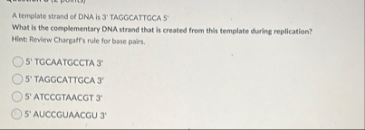 Solved A template strand of DNA is 3' ﻿TAGGCATTGCA 5'What is | Chegg.com
