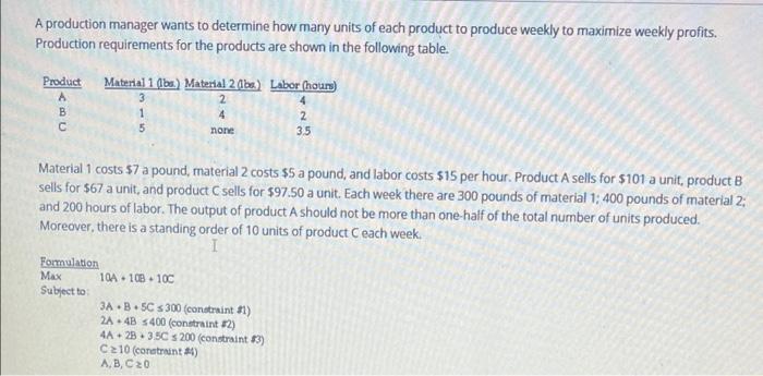 Solved A production manager wants to determine how many | Chegg.com