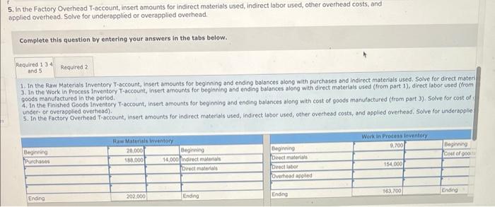 In the Factory Overhead T-account, insert amounts for indirect materials used, indirect labor used, other overhead costs, and