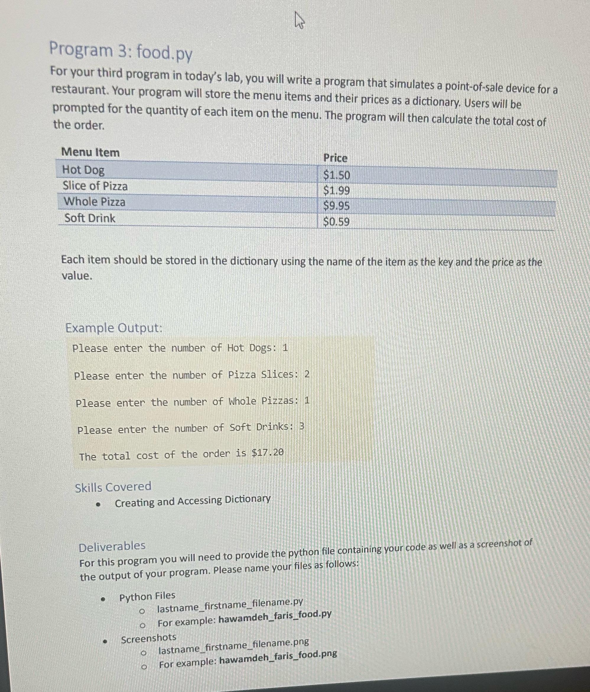 Solved Program 3: food.pyFor your third program in today's | Chegg.com