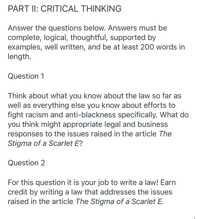 Solved PART II: CRITICAL THINKING Answer the questions | Chegg.com