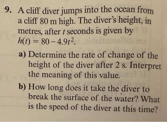 Solved 9. A cliff diver jumps into the ocean from a cliff 80 | Chegg.com