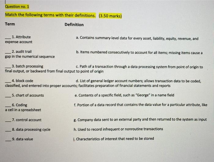 Solved Question no. 1 Match the following terms with their | Chegg.com