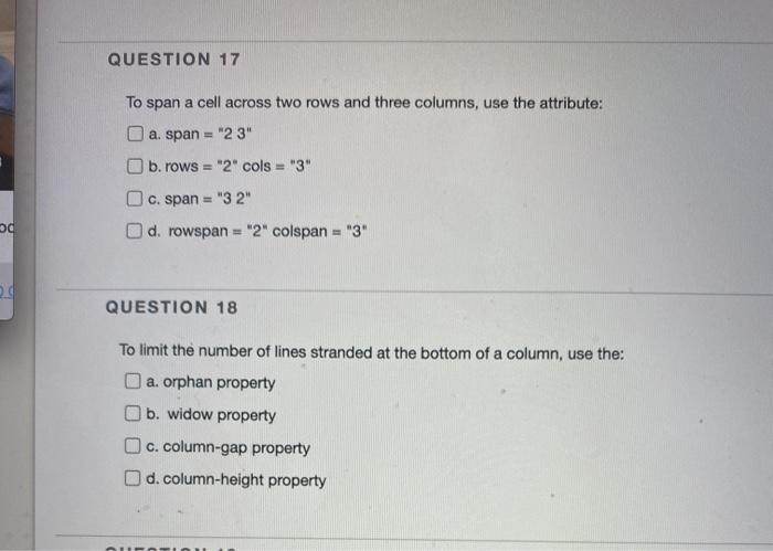 Solved Question 17 To Span A Cell Across Two Rows And Three Chegg Com