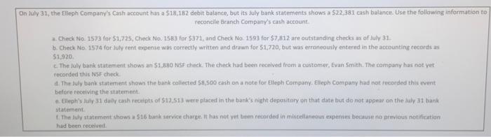 Solved On July 31, the Elleph Company's Cash account has a | Chegg.com