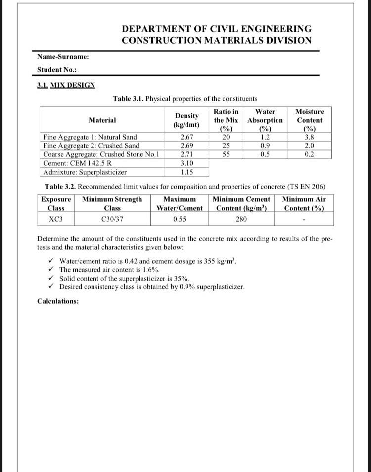 Solved DEPARTMENT OF CIVIL ENGINEERING CONSTRUCTION | Chegg.com