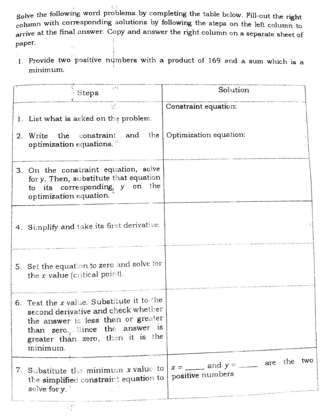 Solved Solve the following word problems by completing the | Chegg.com