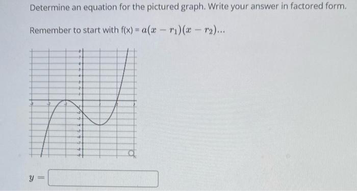 Determine an equation for the pictured graph. Write your answer in factored form.
Remember to start with f(x) = a(x-r?)(x - ?