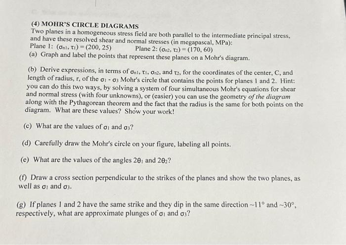 Solved (4) MOHR'S CIRCLE DIAGRAMS Two Planes In A | Chegg.com