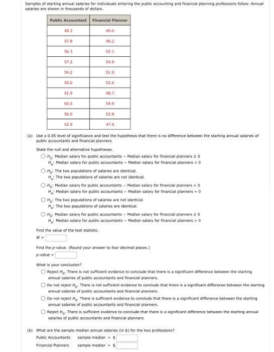 Solved Samples of starting annual salaries for individuals