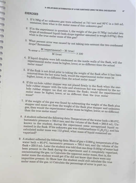 Experiment 9 Molar Mass Determination of a Pure | Chegg.com
