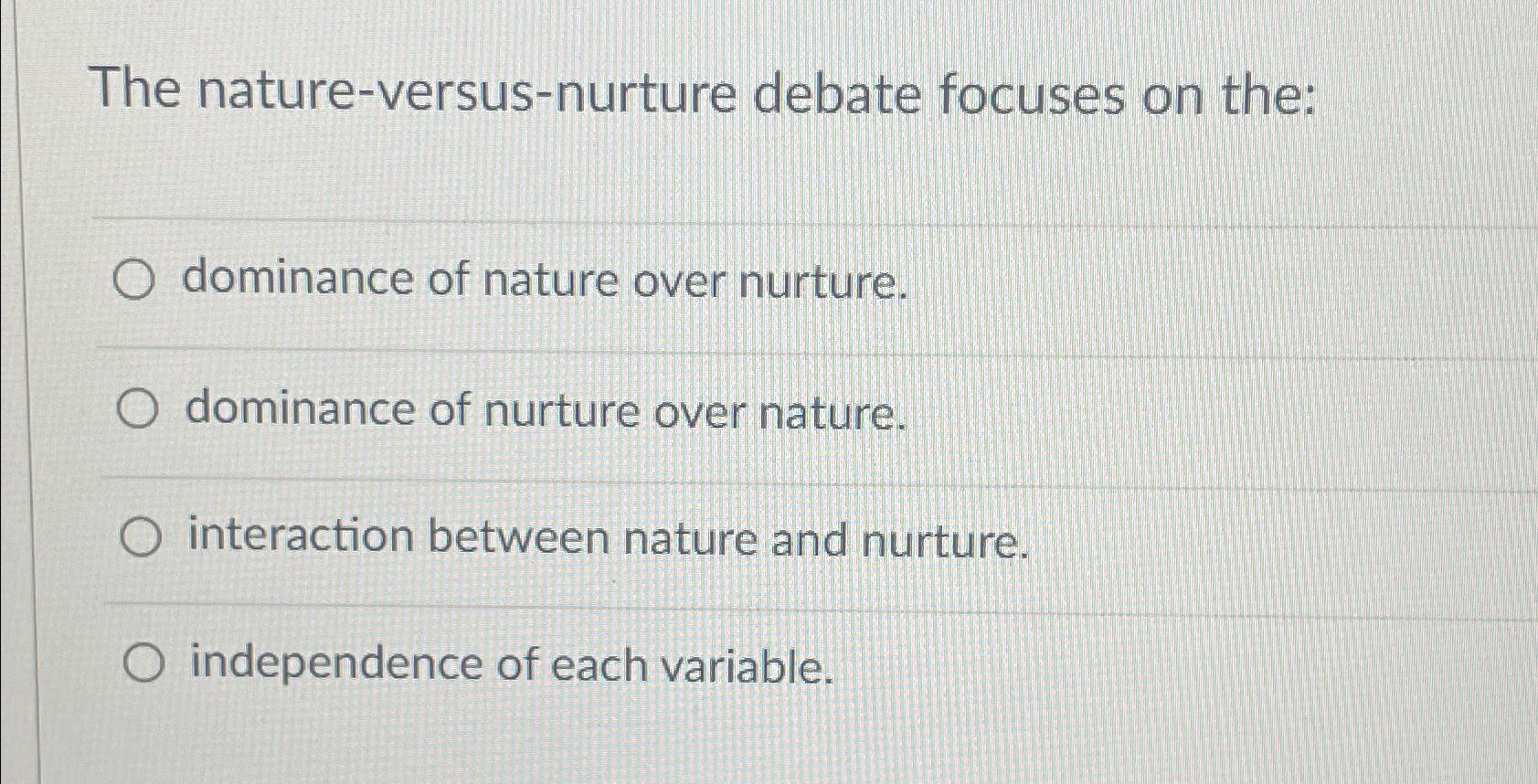 Solved The nature-versus-nurture debate focuses on | Chegg.com