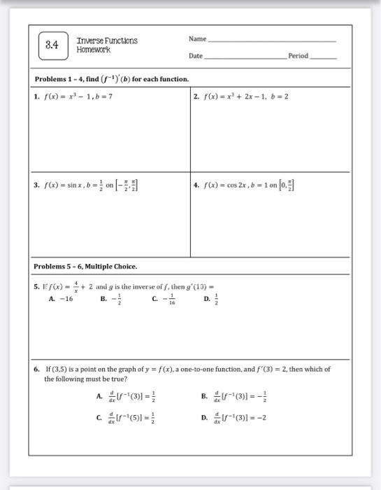 Solved 3.4 Inverse Functions Homework =on [1] Name Problems | Chegg.com