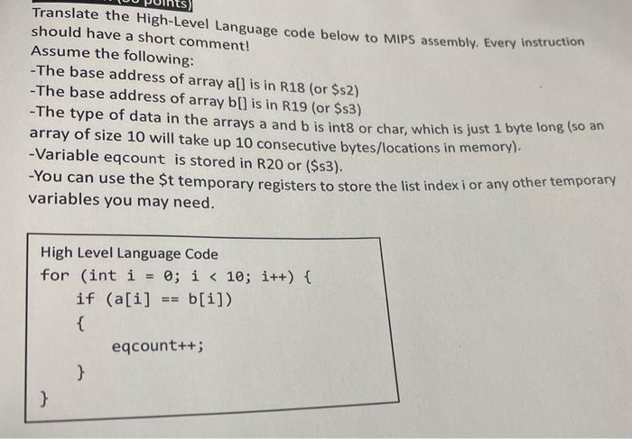 Solved Translate the High-Level Language code below to MIPS | Chegg.com