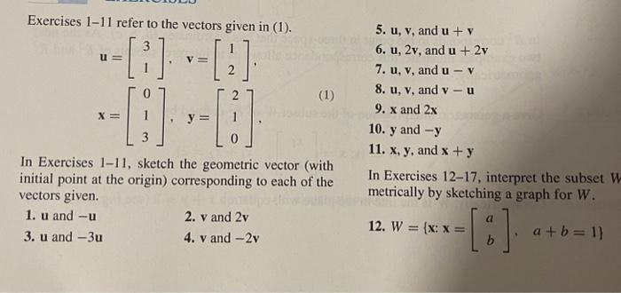 Solved Exercises 1-11 refer to the vectors given in (1). | Chegg.com
