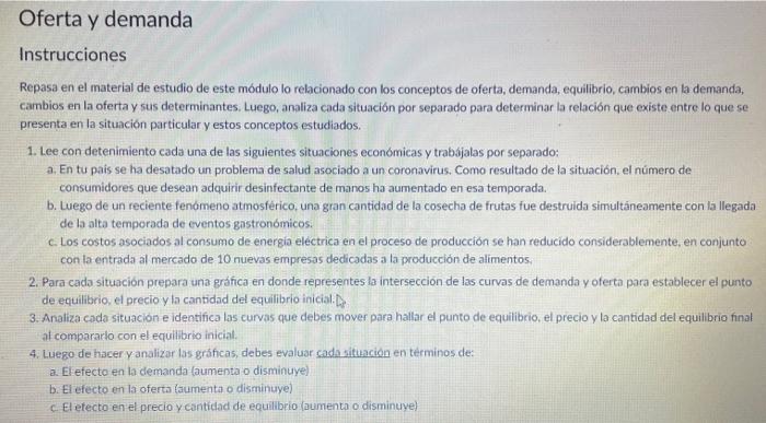 Instrucciones Repasa en el material de estudio de este módulo lo relacionado con los conceptos de oferta, demanda, equilibrio