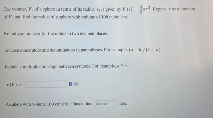 Solved The volume. V of a sphere in terms of its radius, r, | Chegg.com