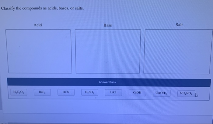 Solved Classify The Compounds As Acids Bases Or Salts 0855