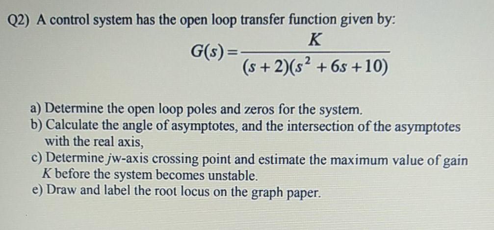 Solved Q2) A control system has the open loop transfer | Chegg.com