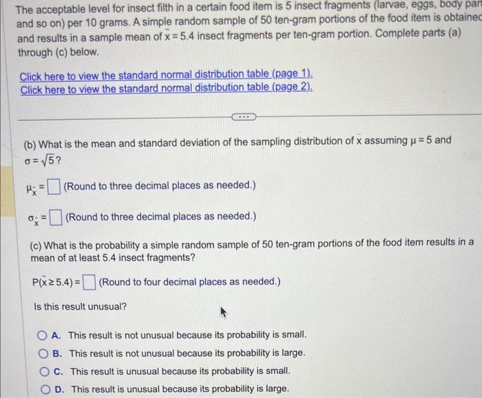 Solved The acceptable level for insect filth in a certain | Chegg.com
