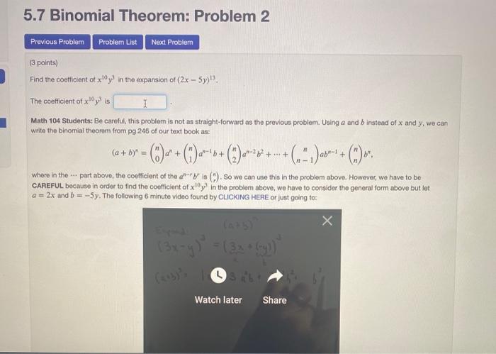 Solved 5.7 Binomial Theorem: Problem 4 Previous Problem | Chegg.com