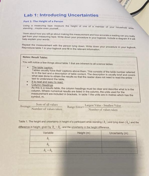 Solved orm of Lab 1 Introducing Uncertainties Part 1 The