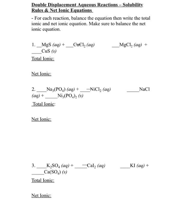 Solved Double Displacement Aqueous Reactions - Solubility | Chegg.com